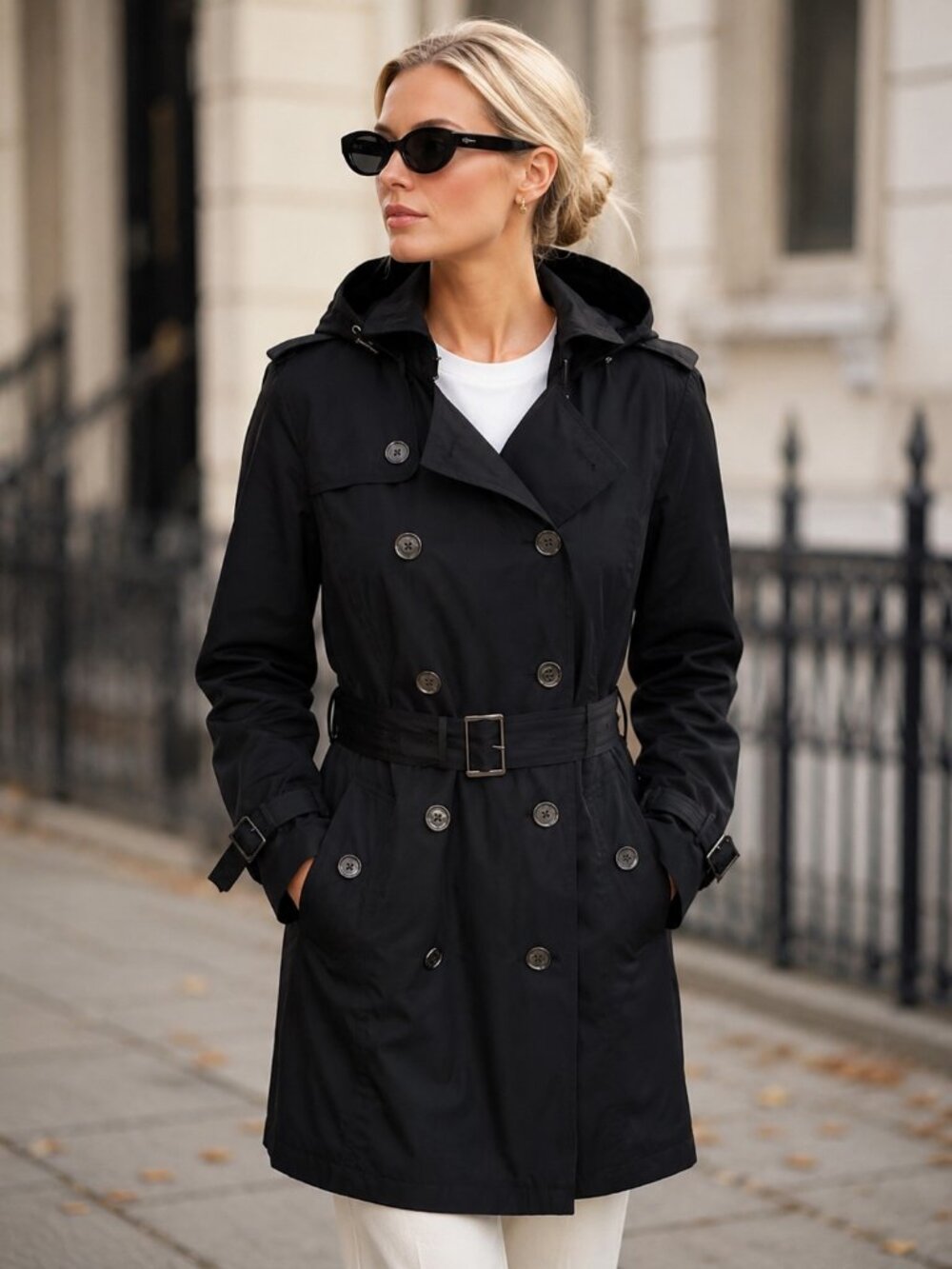Michael Kors Black Hooded Double Breasted Belted Trench Coat Size L